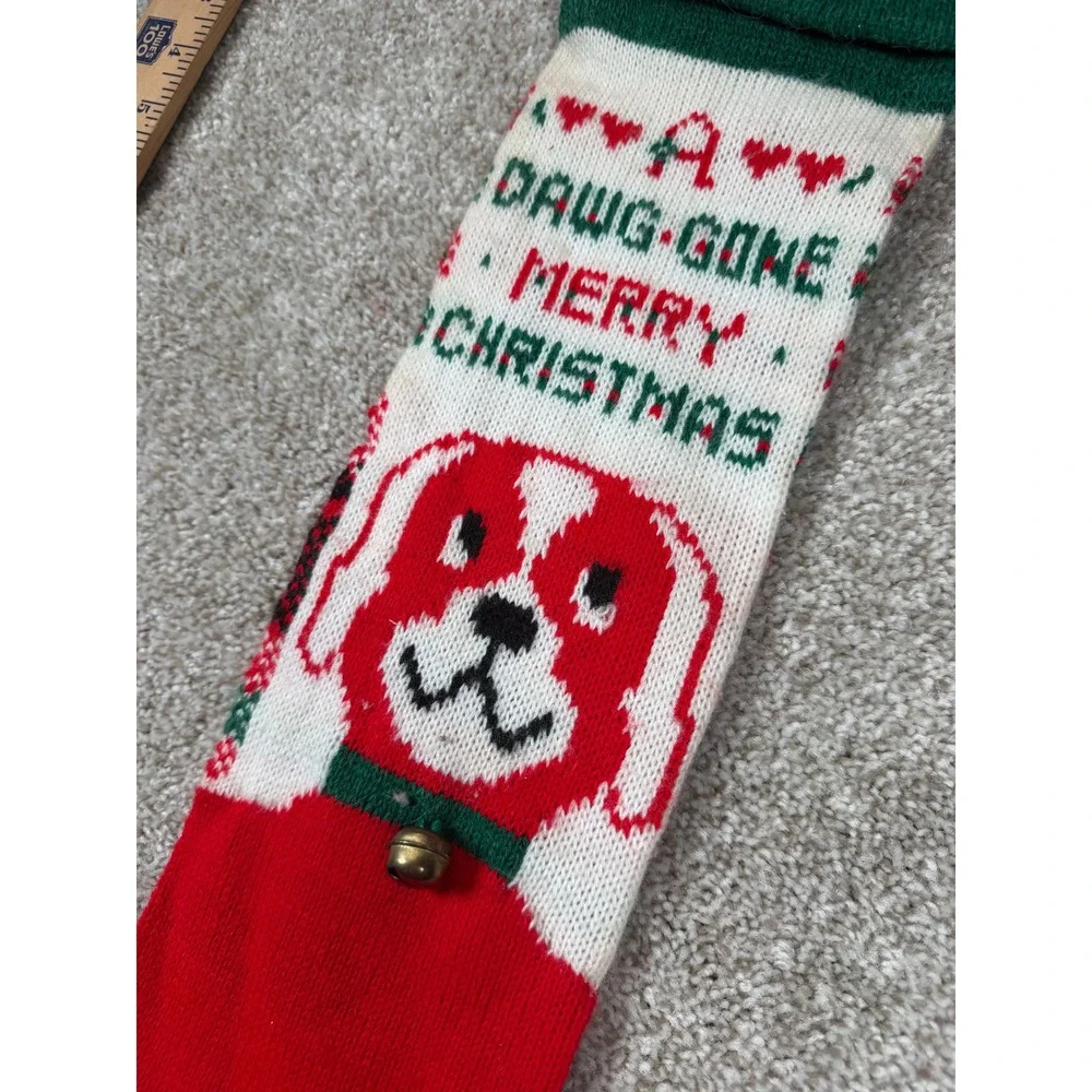 Vintage Dawg-Gone Merry Christmas Dog Knit Stocking Red Green Jingle Bell 22in